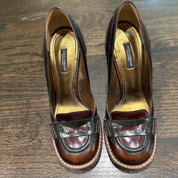 Dolce & Gabbana Brown Leather Loafer Heels - Picture 1 of 3